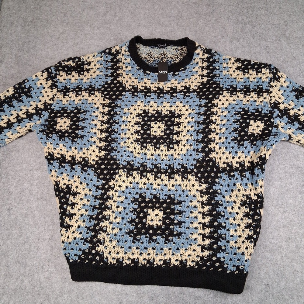 boohooMAN Crochet Sweater Mens 4XL Black Blue Oversized Geometric Knit BMM95152